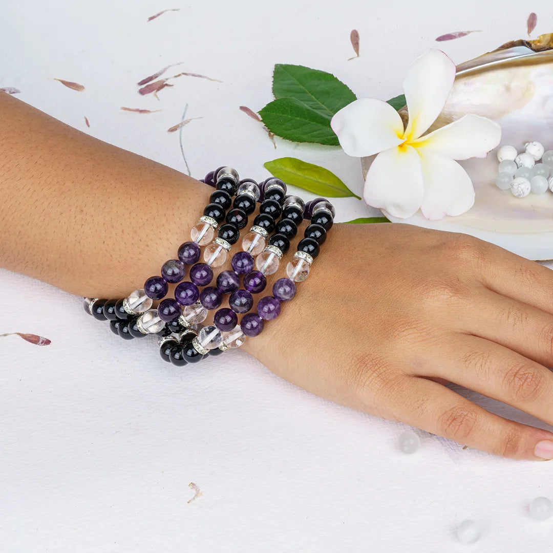 Aquarius Zodiac Bracelet | Amethyst, Black Tourmaline & Clear Quartz Crystals for Intuition & Protection