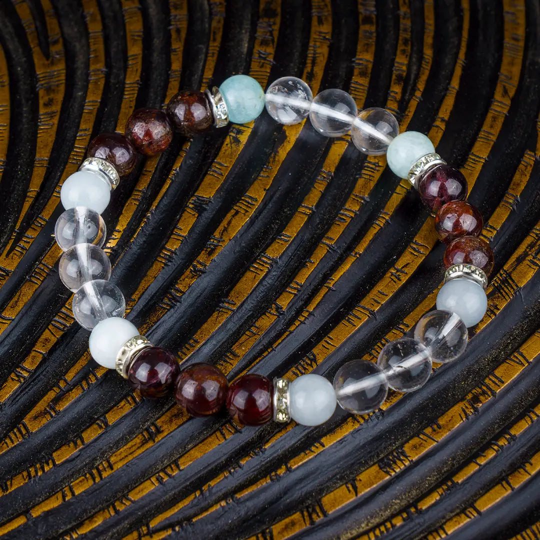 Aries Zodiac Bracelet | Clear Quartz, Garnet & Aquamarine Crystals for Confidence & Balance