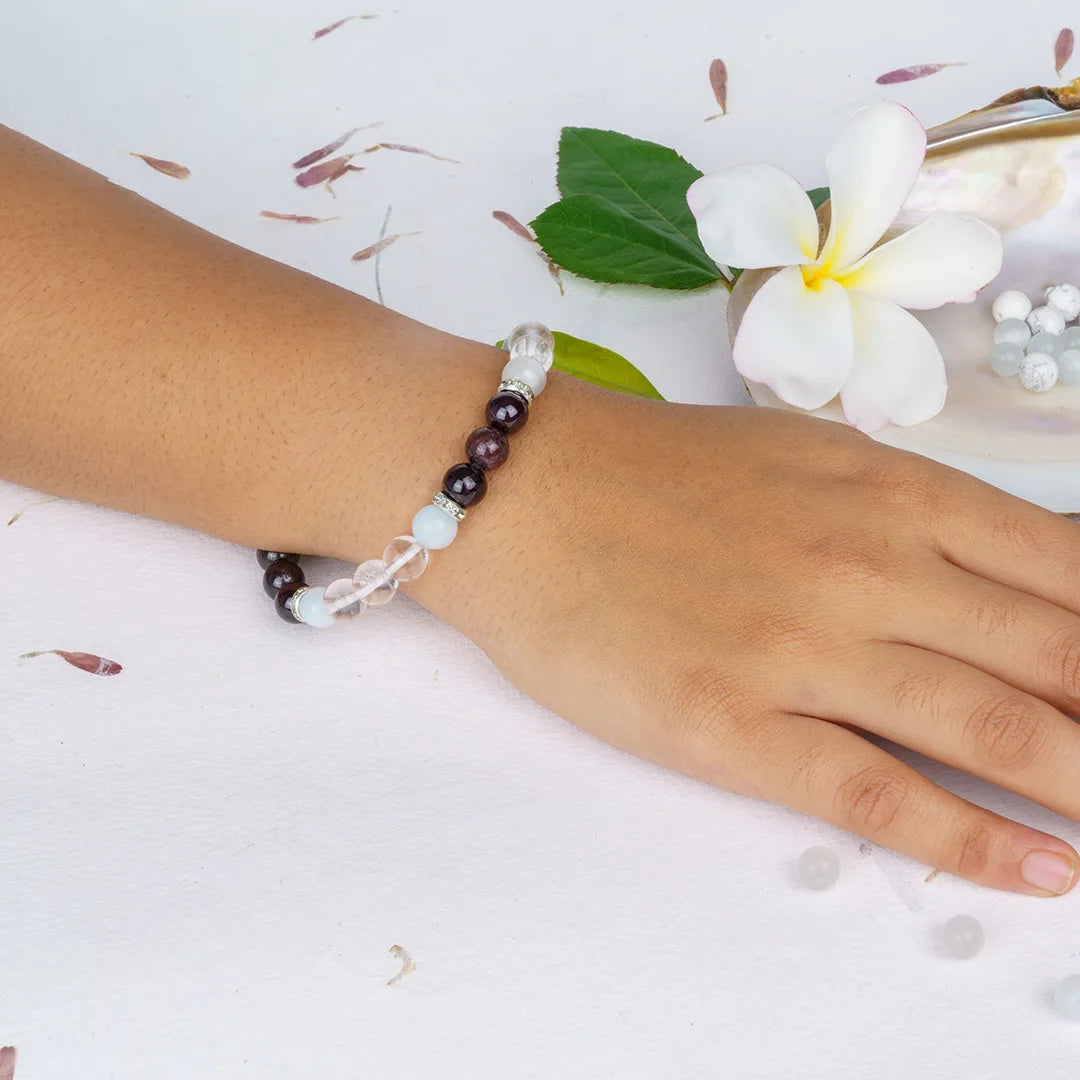 Aries Zodiac Bracelet | Clear Quartz, Garnet & Aquamarine Crystals for Confidence & Balance