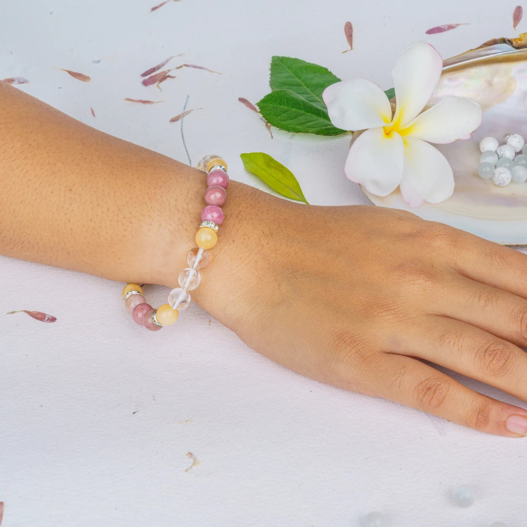 Capricorn Zodiac Bracelet | Yellow Aventurine, Rhodochrosite & Clear Quartz Crystals for Success & Emotional Balance