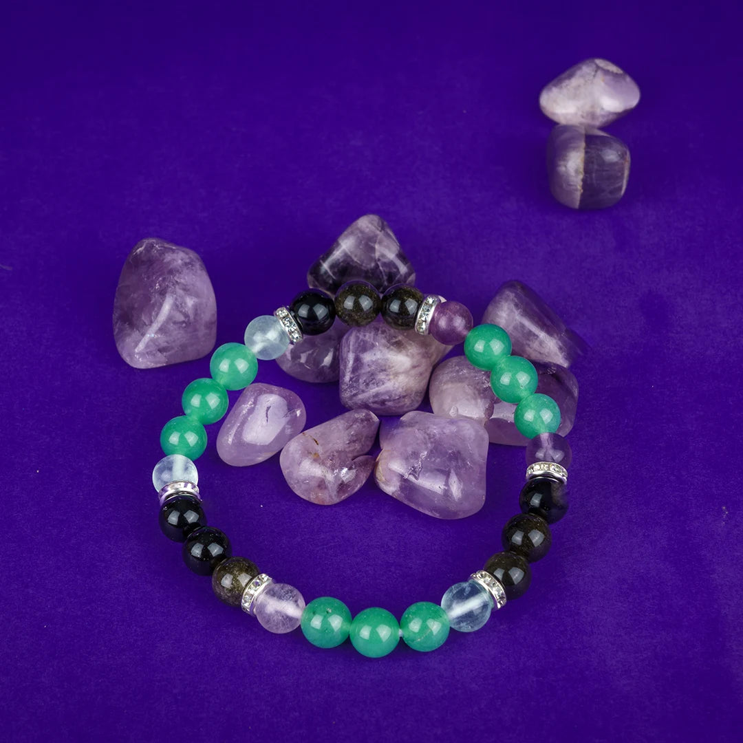 Pisces Zodiac Bracelet | Green Aventurine, Multi-fluorite & Black Tourmaline Crystals for Intuition & Emotional Balance