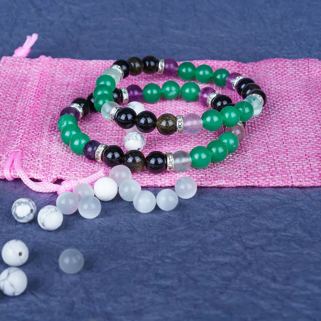 Pisces Zodiac Bracelet | Green Aventurine, Multi-fluorite & Black Tourmaline Crystals for Intuition & Emotional Balance