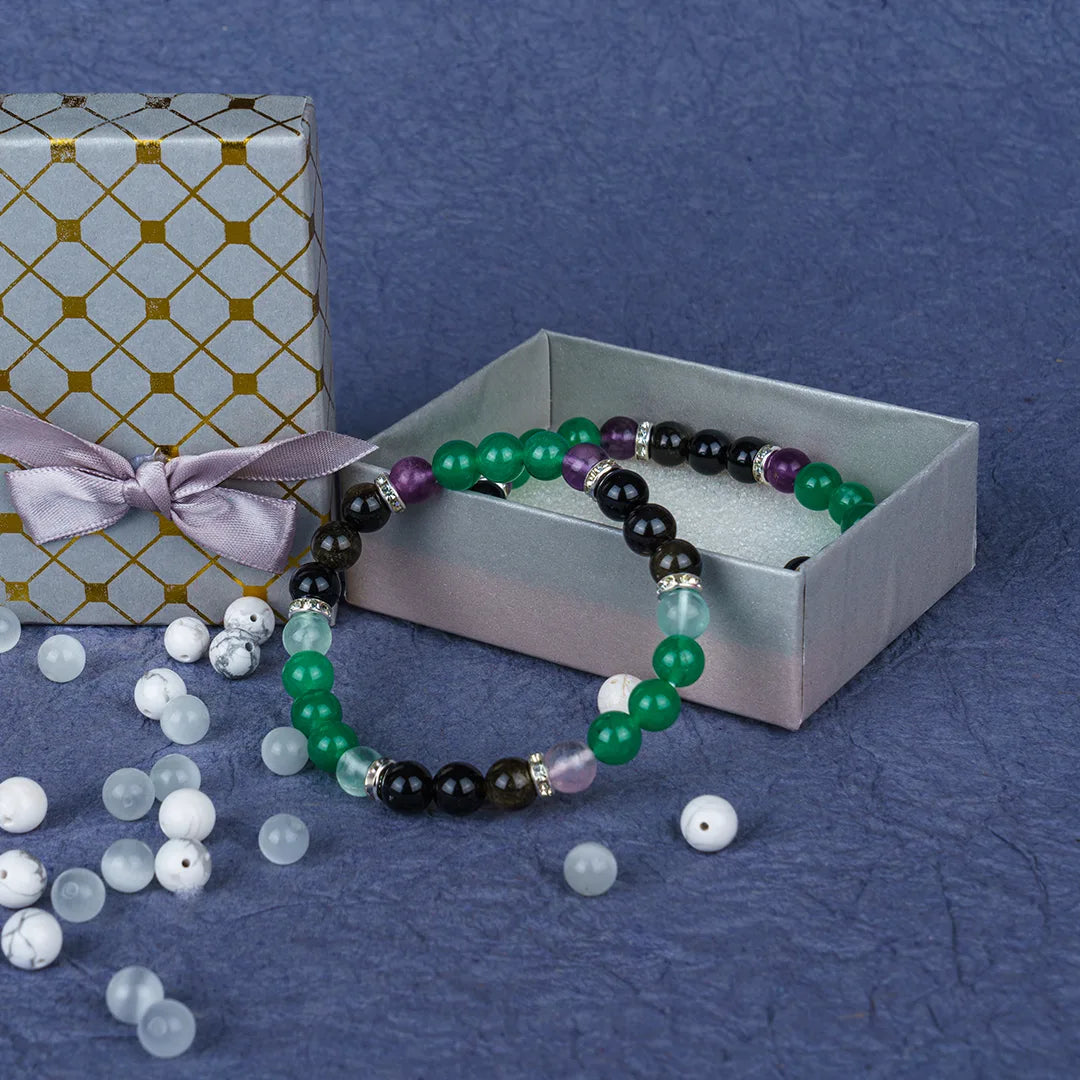 Pisces Zodiac Bracelet | Green Aventurine, Multi-fluorite & Black Tourmaline Crystals for Intuition & Emotional Balance
