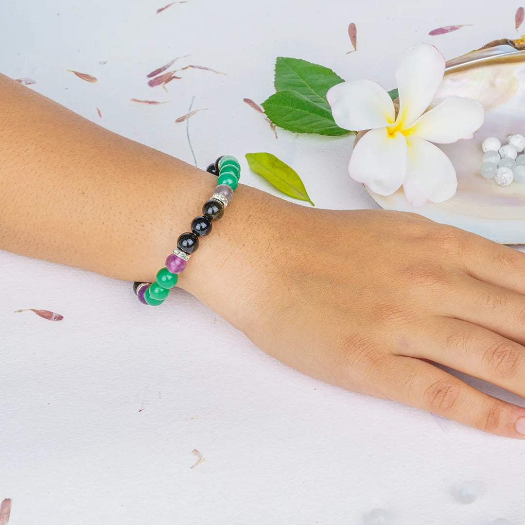 Pisces Zodiac Bracelet | Green Aventurine, Multi-fluorite & Black Tourmaline Crystals for Intuition & Emotional Balance