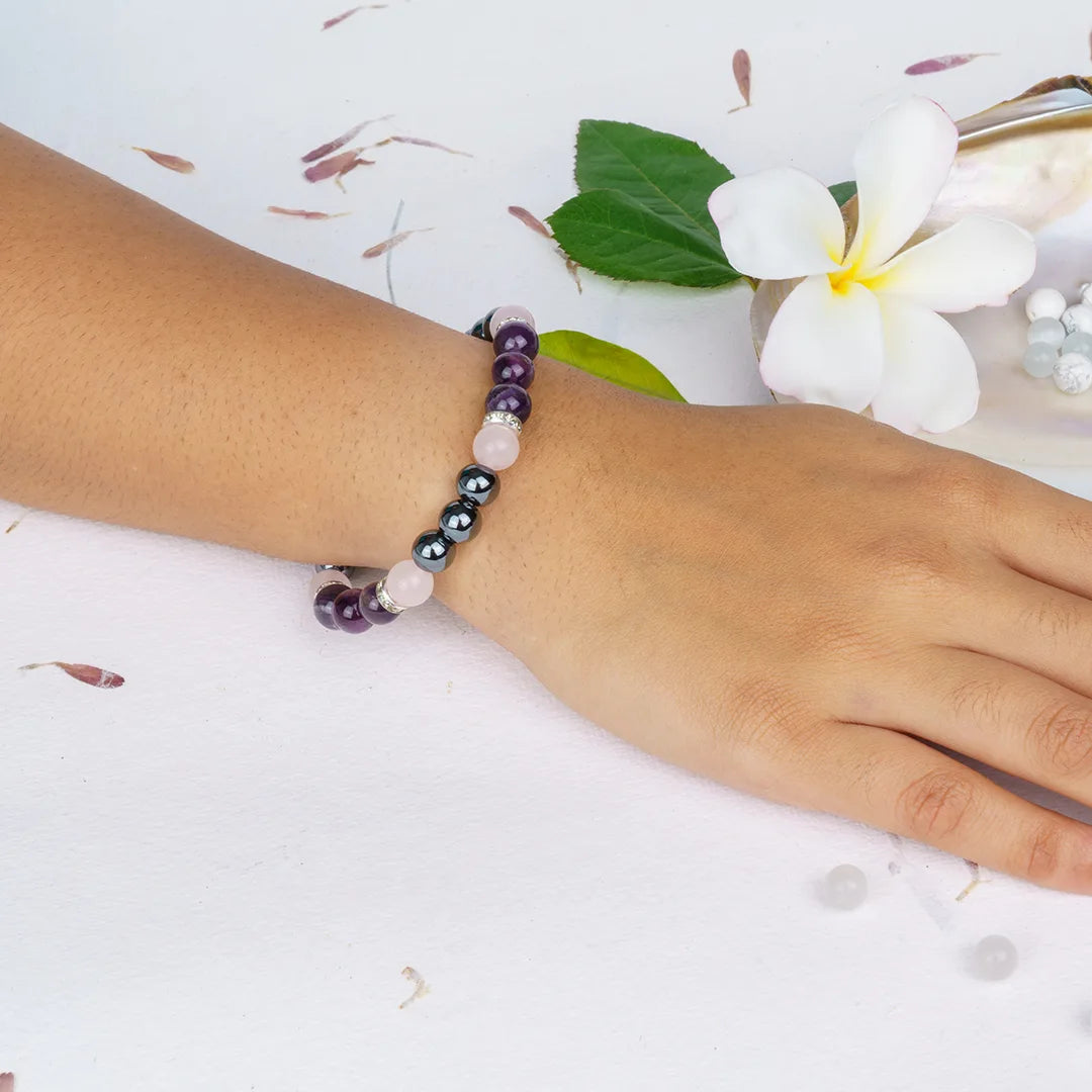 Scorpio Zodiac Bracelet | Amethyst, Silver Hematite & Rose Quartz Crystals for Transformation & Emotional Strength