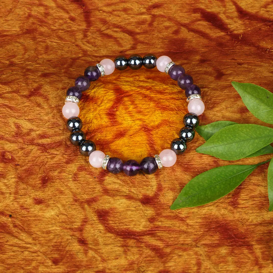 Scorpio Zodiac Bracelet | Amethyst, Silver Hematite & Rose Quartz Crystals for Transformation & Emotional Strength