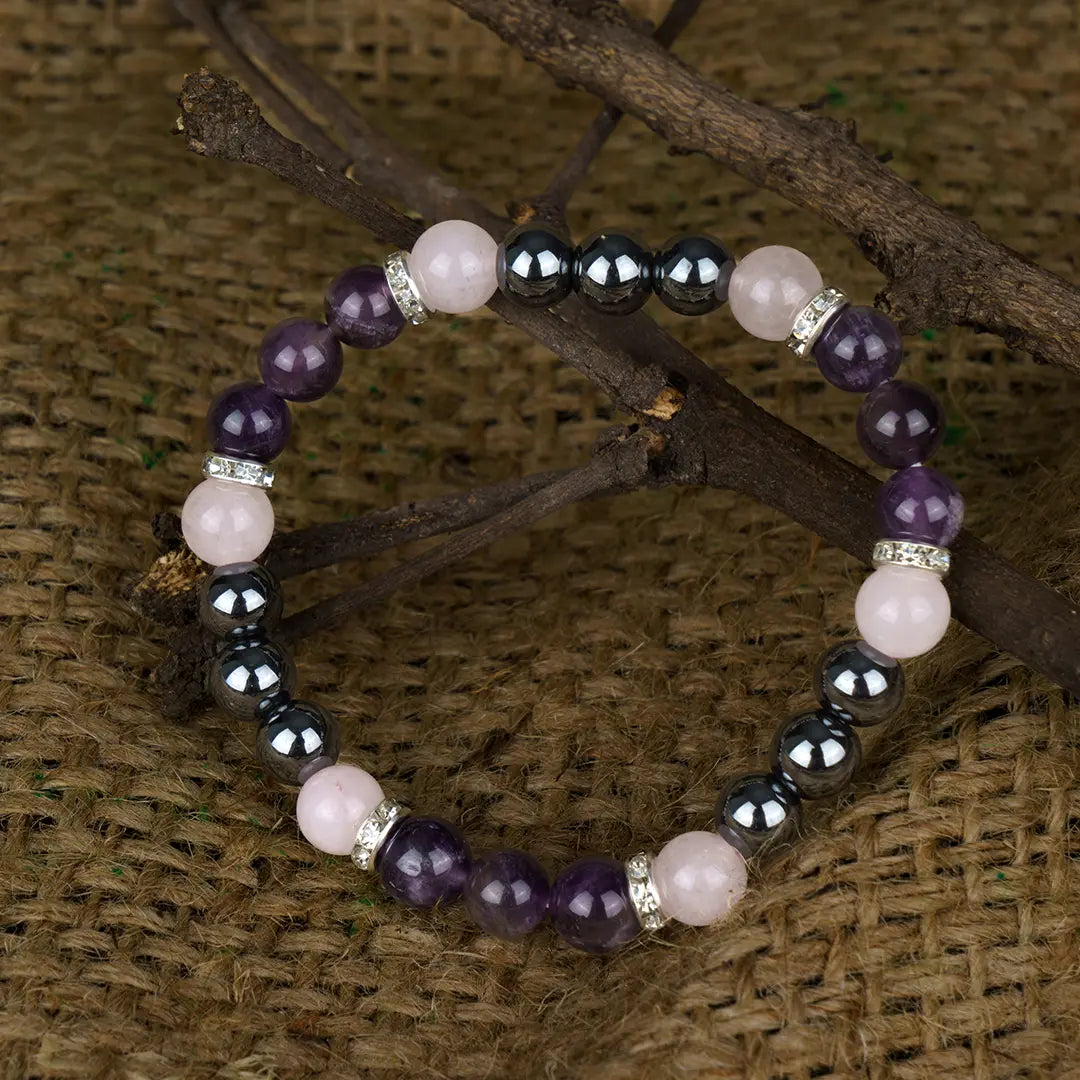 Scorpio Zodiac Bracelet | Amethyst, Silver Hematite & Rose Quartz Crystals for Transformation & Emotional Strength