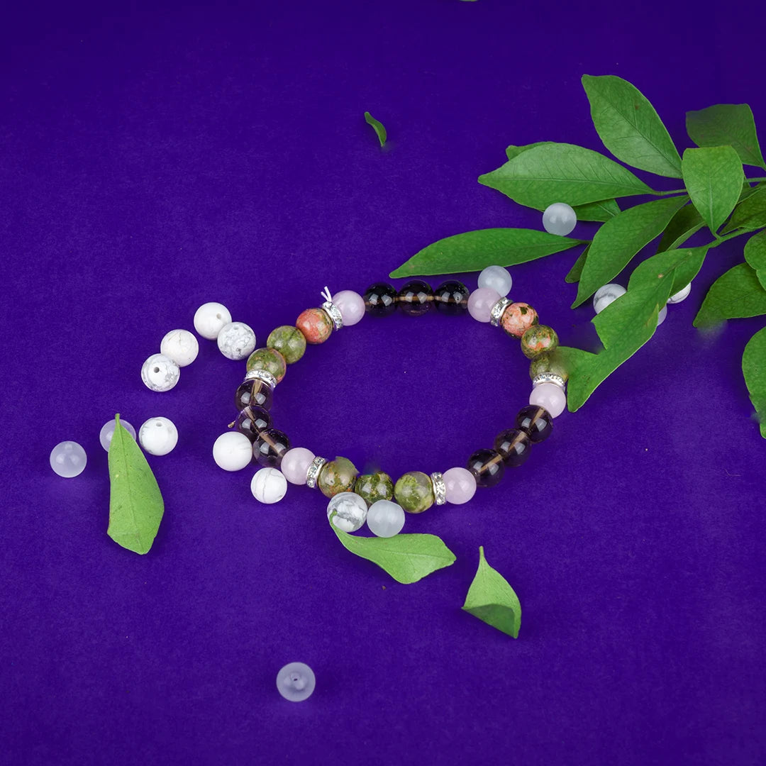 Virgo Zodiac Bracelet | Smoky Quartz, Rose Quartz & Blood Jasper Crystals for Grounding & Clarity