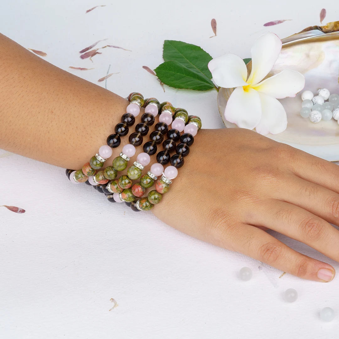 Virgo Zodiac Bracelet | Smoky Quartz, Rose Quartz & Blood Jasper Crystals for Grounding & Clarity