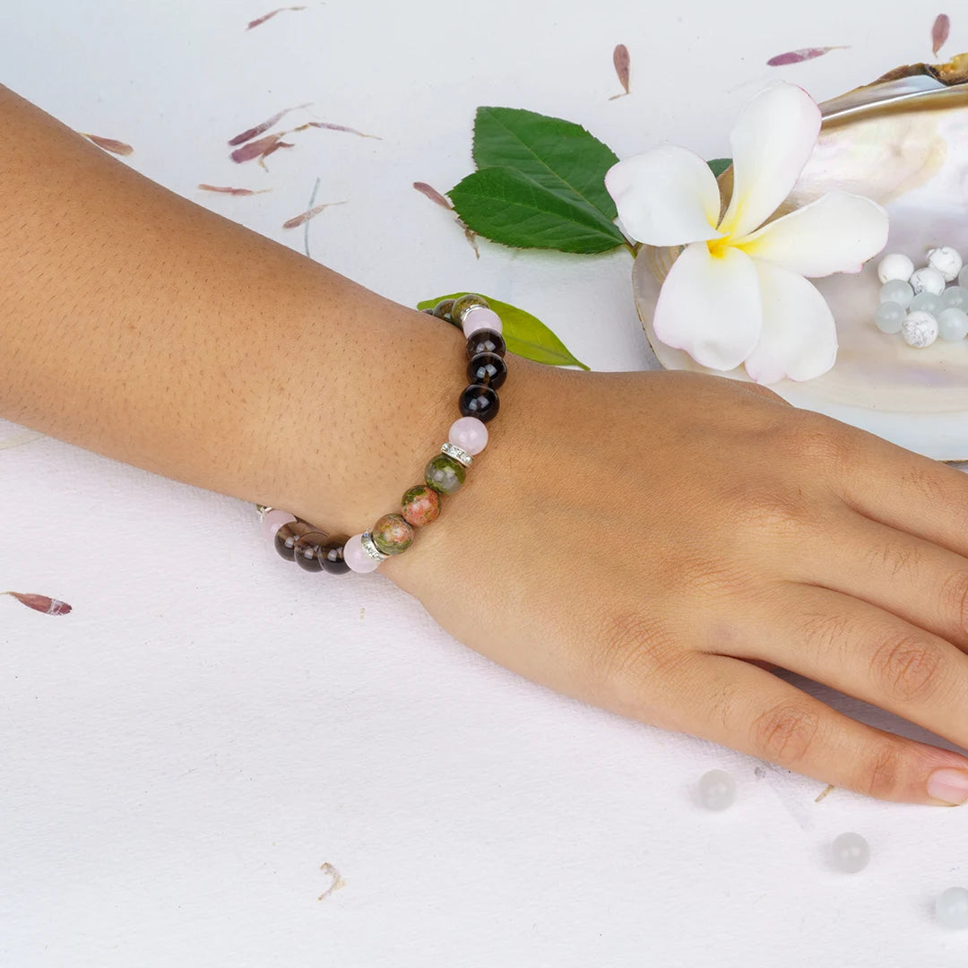 Virgo Zodiac Bracelet | Smoky Quartz, Rose Quartz & Blood Jasper Crystals for Grounding & Clarity