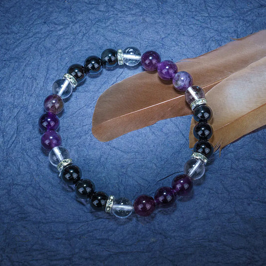 Aquarius Zodiac Bracelet | Amethyst, Black Tourmaline & Clear Quartz Crystals for Intuition & Protection