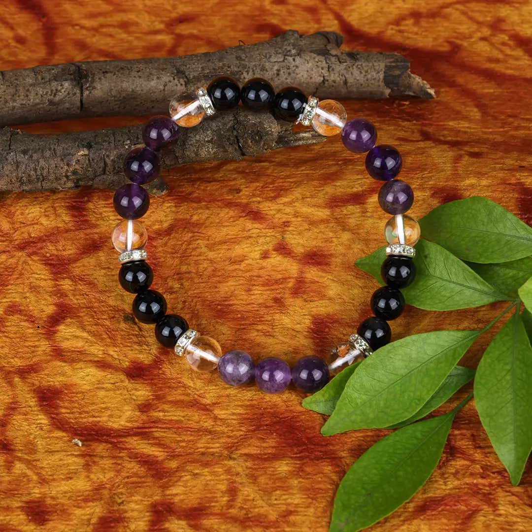 Aquarius Zodiac Bracelet | Amethyst, Black Tourmaline & Clear Quartz Crystals for Intuition & Protection