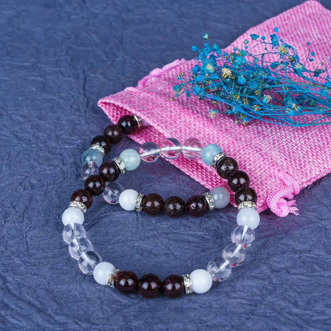 Aries Zodiac Bracelet | Clear Quartz, Garnet & Aquamarine Crystals for Confidence & Balance