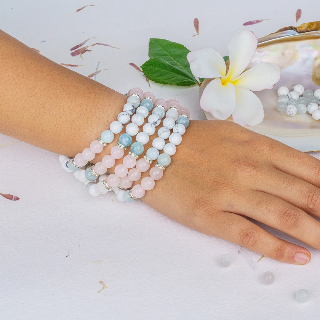 Leo Zodiac Bracelet | Rose Quartz, Howlite & Aquamarine Crystals for Strength & Compassion