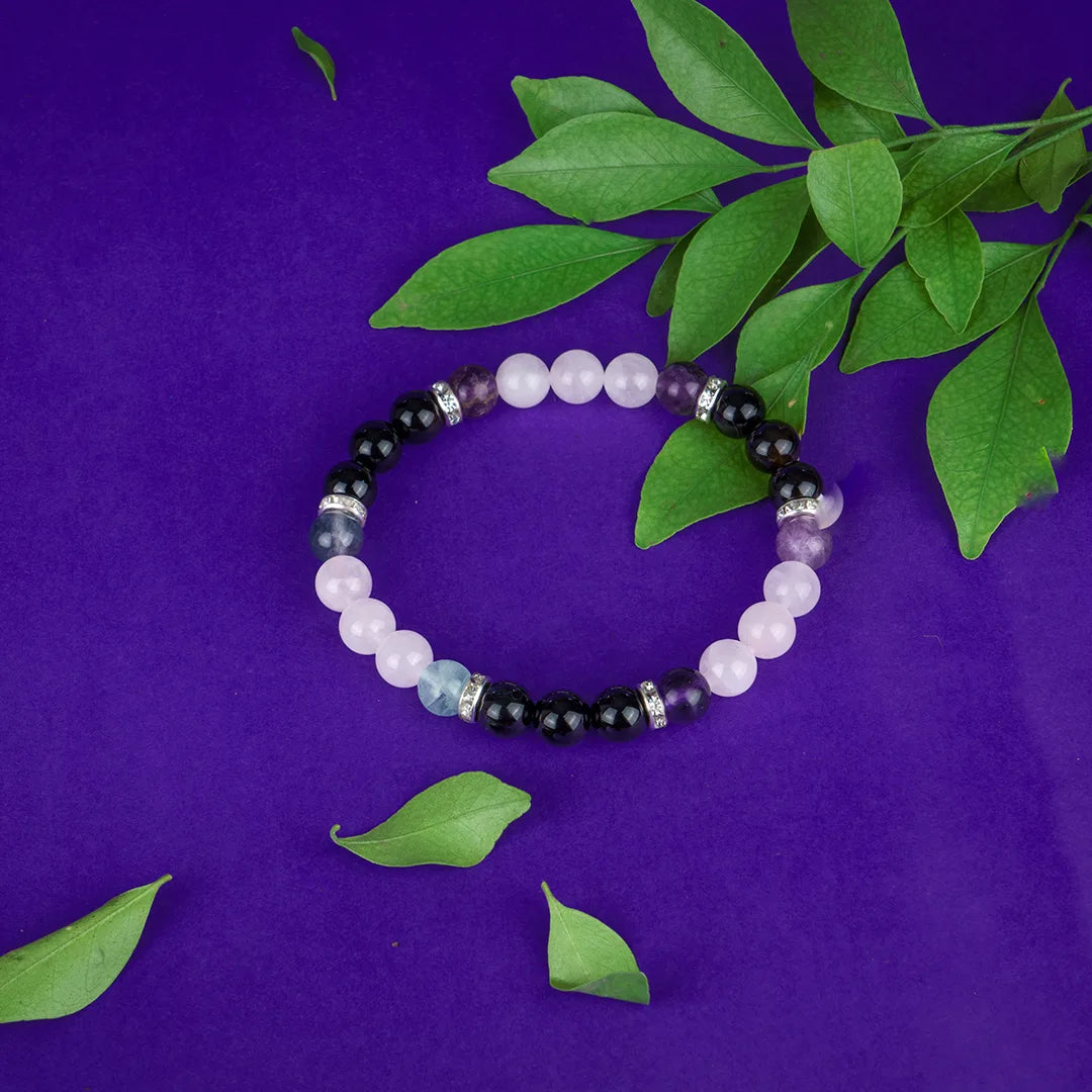 Sagittarius Zodiac Bracelet | Rose Quartz, Black Tourmaline & Multi-fluorite Crystals for Positivity & Protection