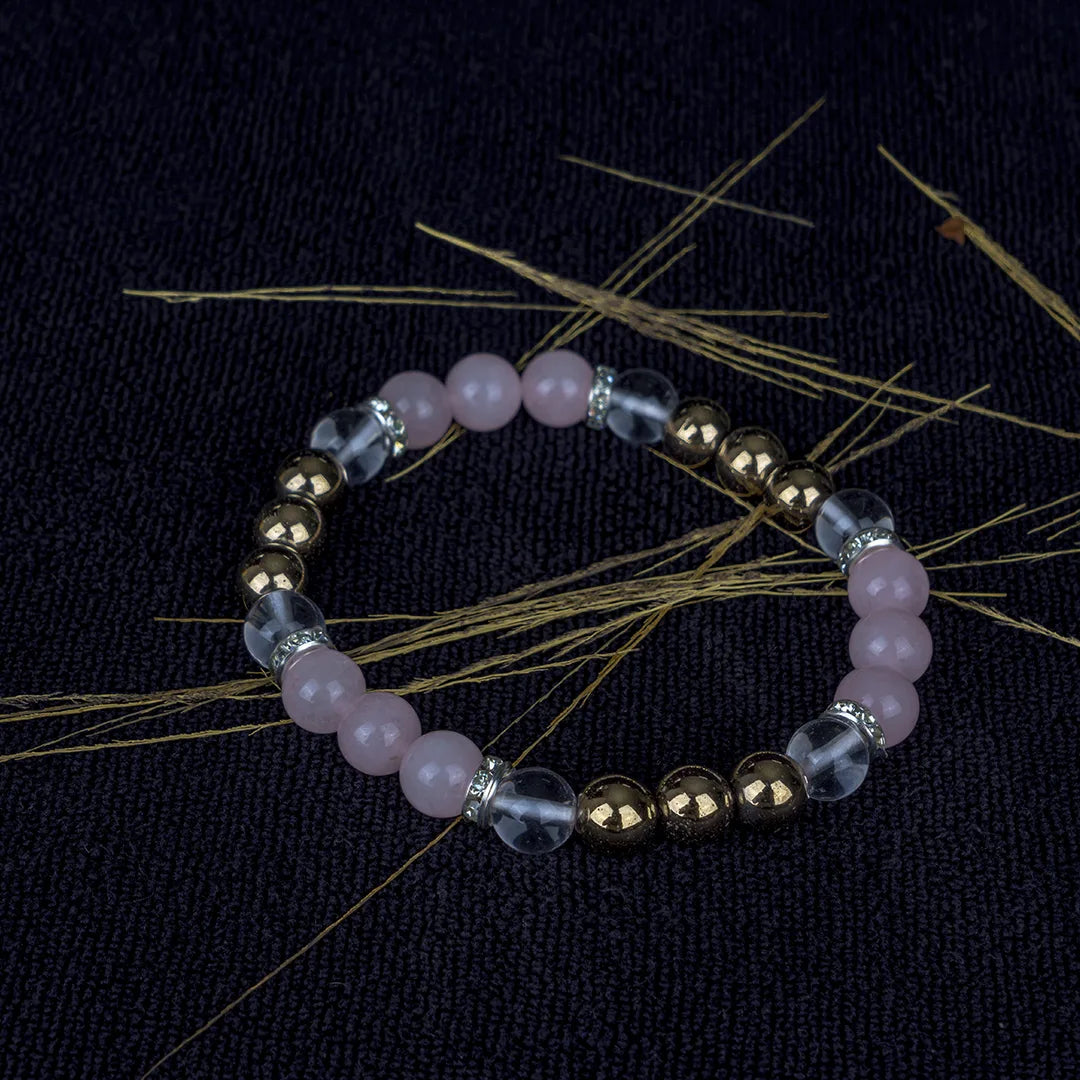 Taurus Zodiac Bracelet | Rose Quartz, Golden Hematite & Clear Quartz Crystals for Stability & Love