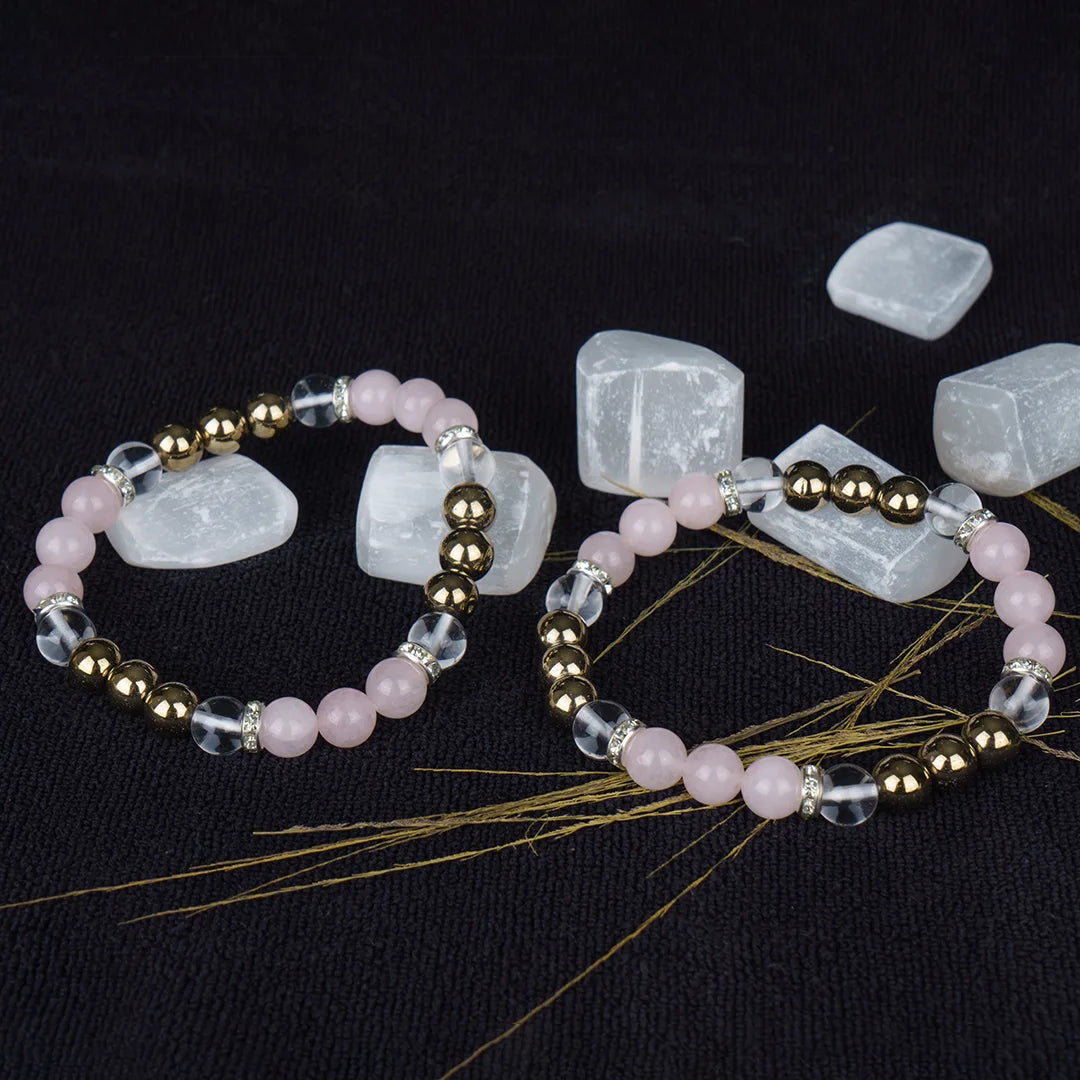 Taurus Zodiac Bracelet | Rose Quartz, Golden Hematite & Clear Quartz Crystals for Stability & Love